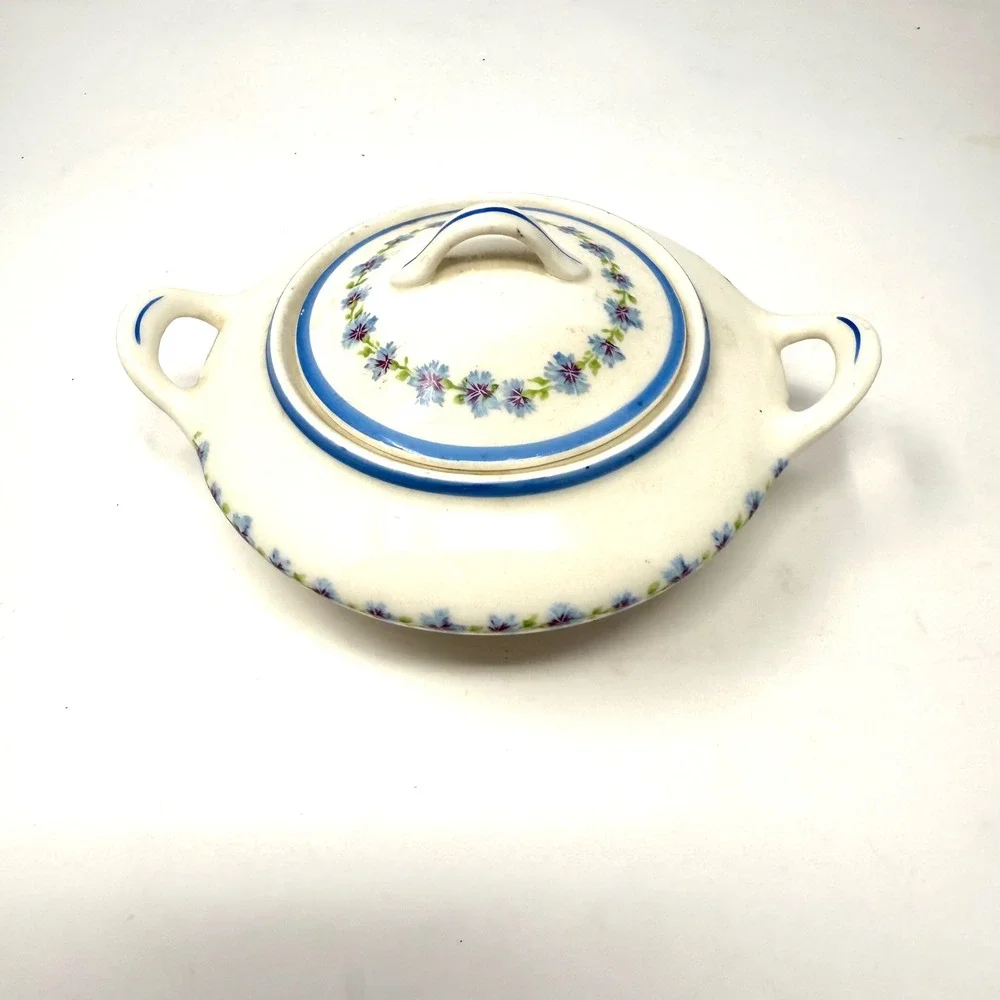 Canonsburg Pottery‎ Bonnie Blue Sugar Bowl + Lid Blue Floral Pattern Made USA